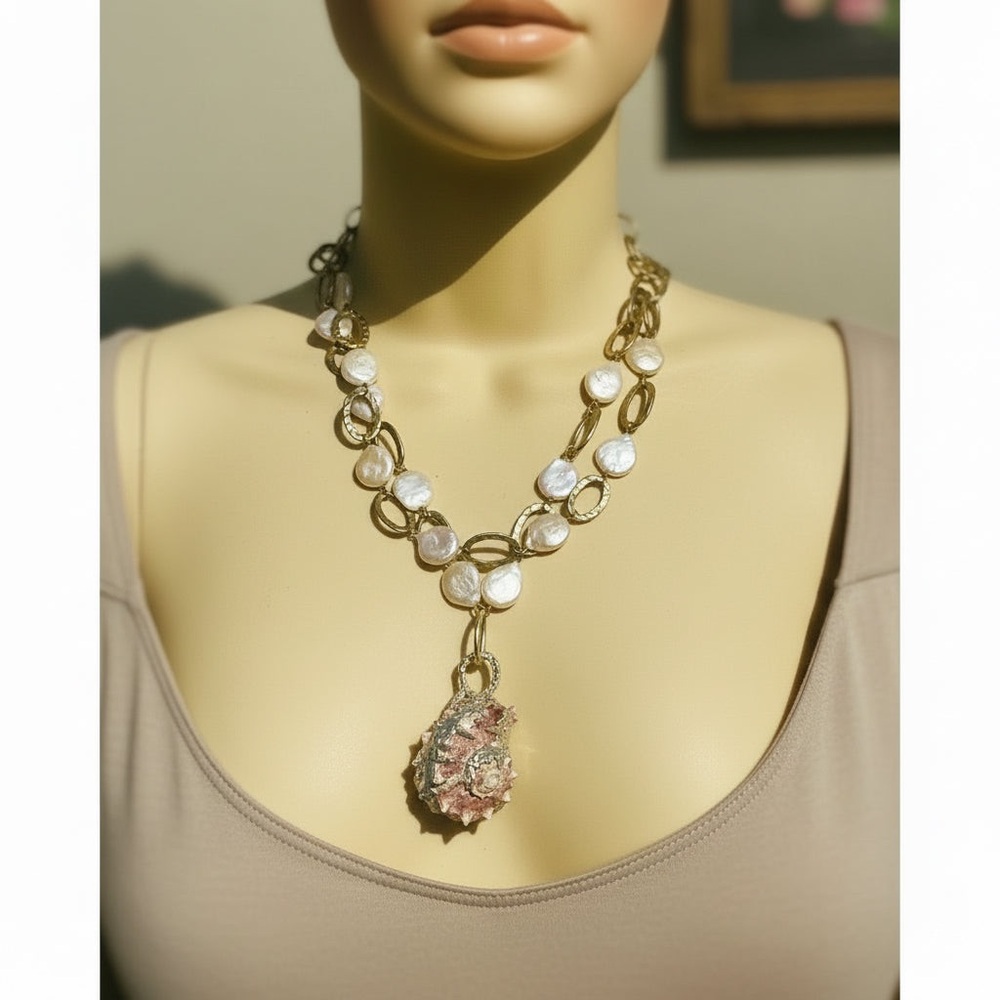 Conch Shell & White Keshi Teardrop Pearl Necklace With Artisan Silver Metalwork - Picture 8 of 16